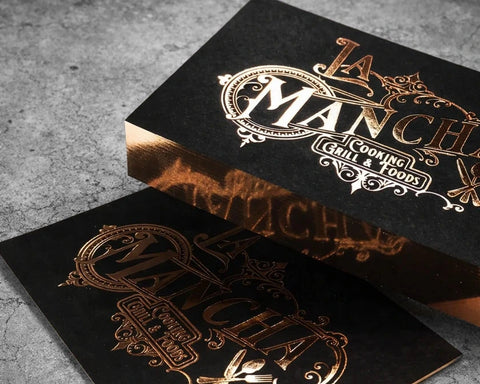 Visitenkarten mit Preagedruck in Kupfer und Folien-Farbschnitt in Kupfer